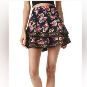 Alice + Olivia Marvis tiered floral-print cotton-blend mini black skirt sz 10